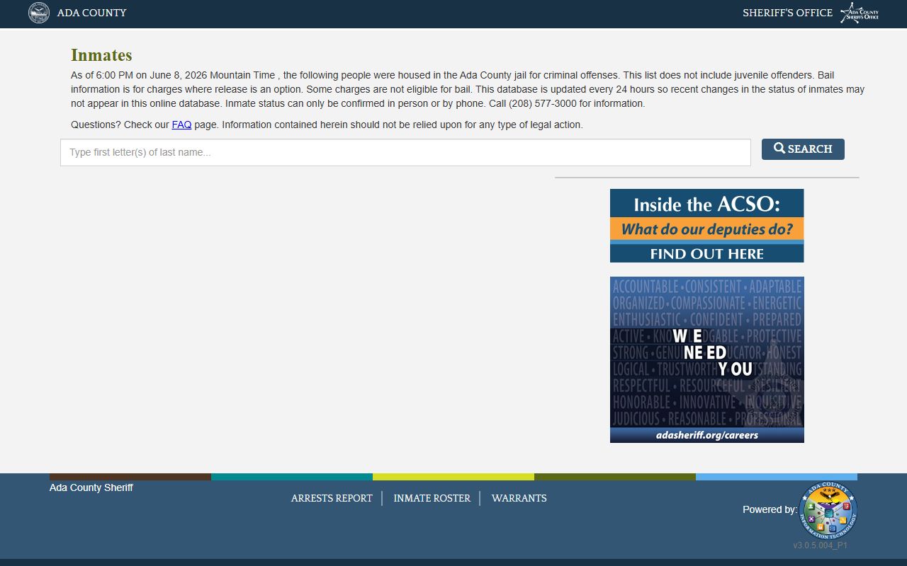 Ada County inmate roster used for Boise County inmate lookup when people are housed regionally