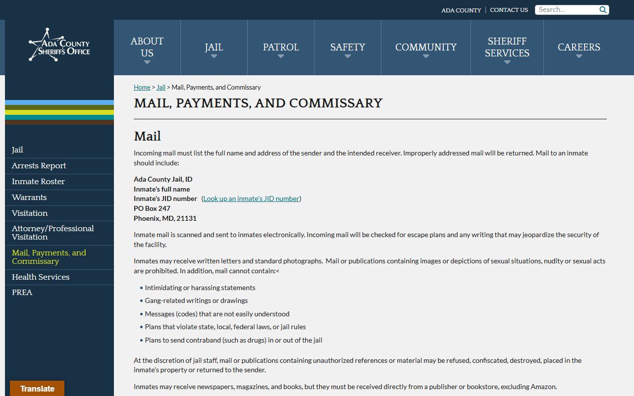 Ada County Jail mail payments and commissary instructions