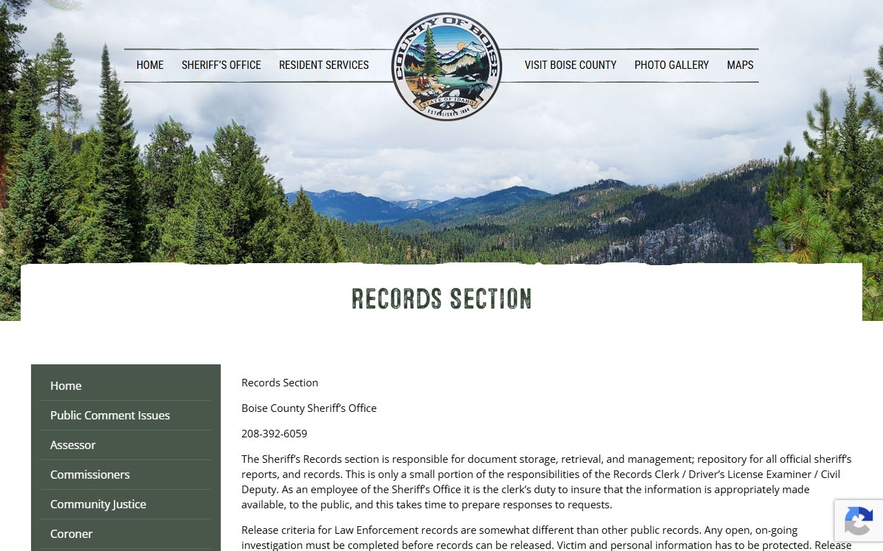 Boise County Sheriff's Records Section request rules