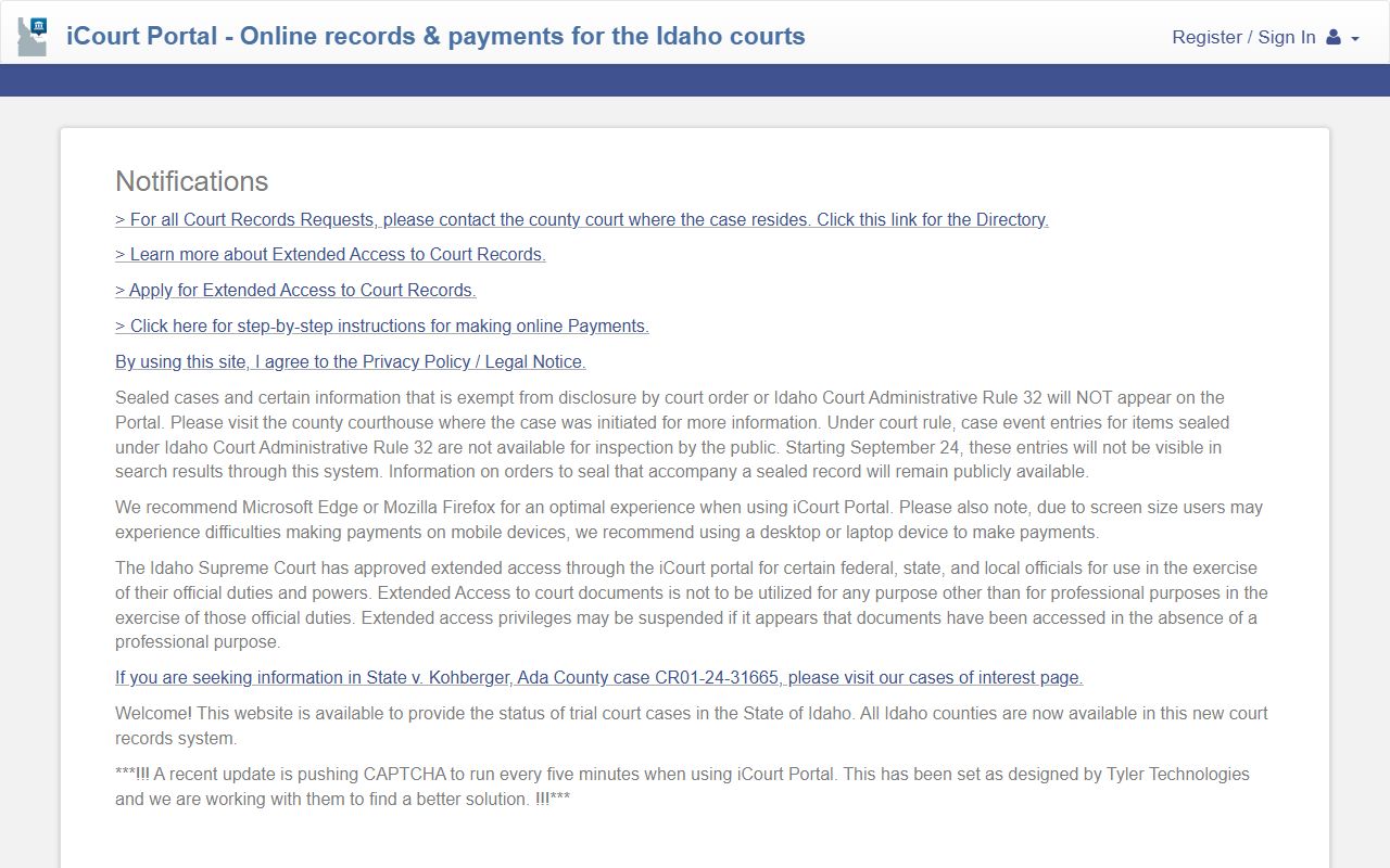 Idaho Odyssey Portal for Boise County court records after arrest